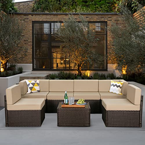 U-MAX 7 Piece Outdoor Patio Furniture Set, PE Rattan Wicker Sofa Set, Outdoor Sectional Furniture Chair Set with Cushions and Tea Table, Brown