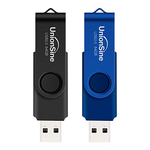 UnionSine 64GB USB Flash Drive 2 Pack,360° Memory Stick Swivel Flash Drives Pen Drive, Zip Drive, Jump Drive,FD-201(2 Pack, Black/Blue)