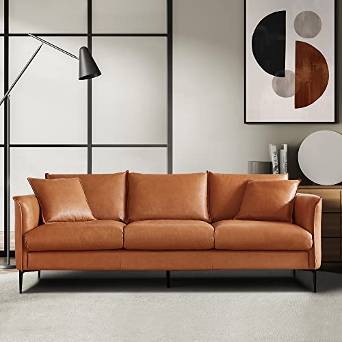 Valencia Jasper Modern Top Grain Leather Sofa with Wooden Frame, Cognac