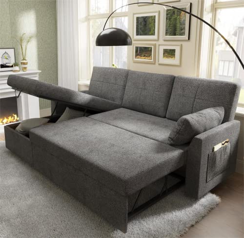 VanAcc Sofa Bed, Sleeper Sofa- 2 in 1 Pull Out Couch Bed with Storage Chaise for Living Room, Sofa Sleeper with Pull Out Bed, Gray Chenille Couch