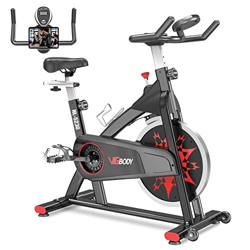 VIGBODY Exercise Bike, Stationary Bikes for Home Gym, Indoor Cycling Bike Spin Bike with Tablet Holder and LCD Monitor, Silent Belt Drive Workout Bike