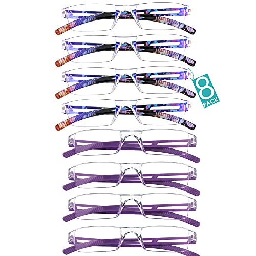 VisionGlobal 8 Pairs Reading Glasses, Blue Light Blocking Glasses, Computer Reading Glasses for Women and Men, Fashion Square Eyewear Frame (4bluefloral+4purple,+2.00 Magnification)
