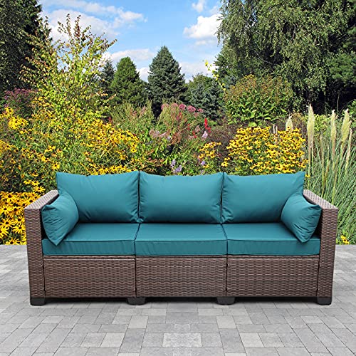 WAROOM Patio Couch PE Wicker 3-Seat Outdoor Brown Rattan Sofa Deep Seating Furniture with Non-Slip Peacock Blue Cushion