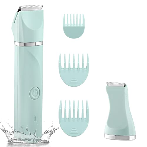 Waterproof Bikini Trimmer Women Electric Razor for Bikini Legs Pubic Hair Rechargeable Electric Shaver for Women Hair Removal with Snap-in Ceramic Blades IP7X Washable Head,Wet and Dry Use,Green