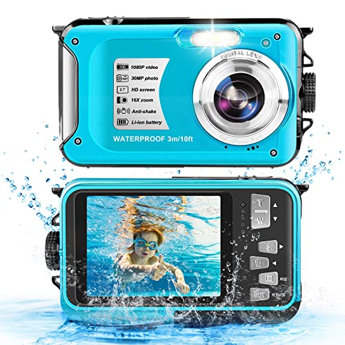 Waterproof Camera 10FT Underwater Camera 30MP 1080P HD Video Resolution 16X Zoom Waterproof Digital Camera for Snorkeling,Vacation(Blue)