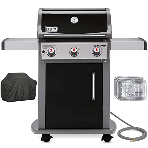 Weber 47510001 Spirit E-310 3-Burner Natural Gas Grill Black Bundle with Generic Grill Cover Barbecue Waterproof Outdoor Protection and Aluminum Drip Pans Set of 3