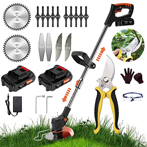 Weed Wacker 24V Weed Eater Brush Cutter, Electric Weed Eater Cordless String Trimmer with 2 Batteries, Charger, 3 Types Blades, Weed Wacker Battery Powered, Lightweight Battery Weed Eater