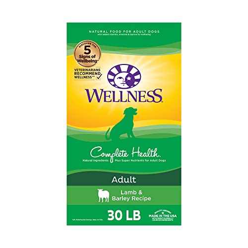 Wellness Complete Health Dry Dog Food with Grains, Made in USA with Real Meat & Natural Ingredients, All Breeds, Adult Dogs (Lamb & Barley, 30-lb) – With Nutrients for Immune, Skin, & Coat Support