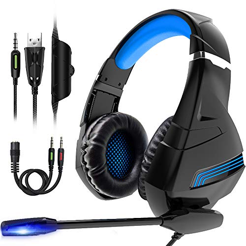 XBUTY A2 Stereo Gaming Headset for PS4, PC, Xbox One Controller, Noise Cancelling Over Ear Headphones with Mic, LED Light, Bass Surround, Soft Memory Earmuffs for Laptop Mac Nintendo Switch Games