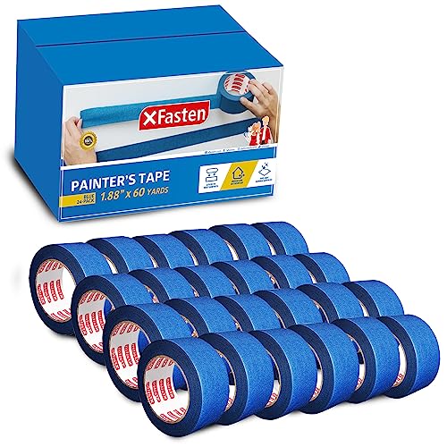 XFasten Blue Painters Tape Bulk, 1.88 Inch x 60 Yards, 1440 Yards Total (24-Pack) Blue Painters Masking Tape Bulk - Sharp Edge Line Technology, Produces Sharp Lines | Residue-Free Wall Trim Tape