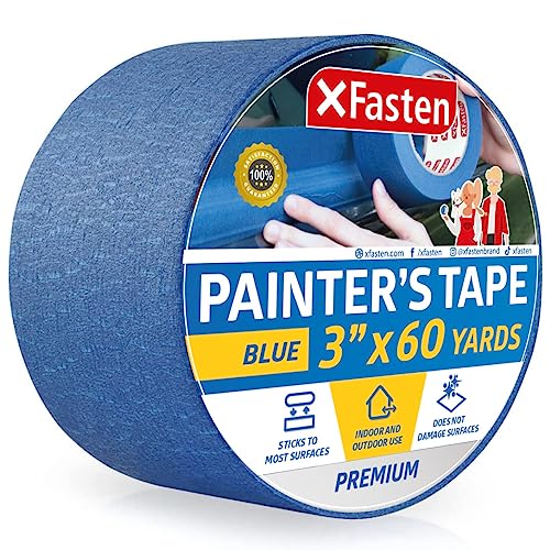 XFasten Professional Blue Painters Tape, Multi-Use, 3 Inches x 60 Yards Blue Tape - Sharp Edge Line Technology, Produces Sharp Lines | Residue-Free and Artisan Grade Wall Trim Tape