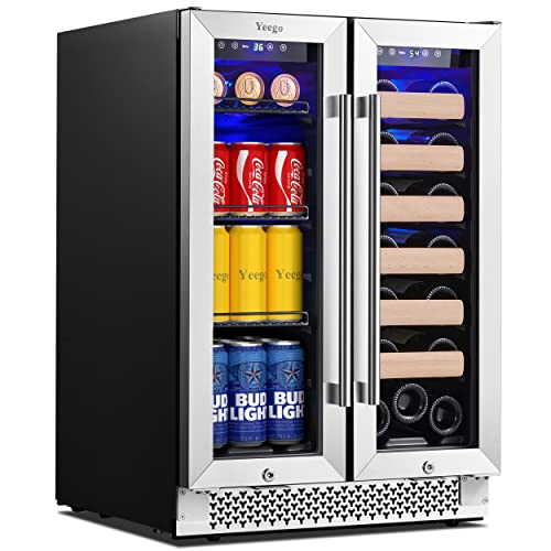 Yeego Wine and Beverage Refrigerator,24 Inch Wine and Beverage Cooler,Hold 60 Cans and 20 Bottles Dual Zone Wine Beer Fridge Cooler with Stainless Steel French Door Digital Temperature Control and Key Lock Quiet Operation