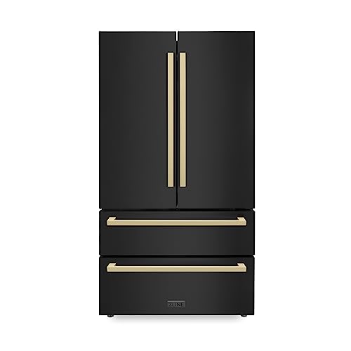 Z Line Kitchen and Bath ZLINE 36" Autograph Edition 22.5 cu. ft 4-Door French Door Refrigerator with Ice Maker in Black Stainless Steel with Champagne Bronze Square Handles (RFMZ-36-BS-FCB)